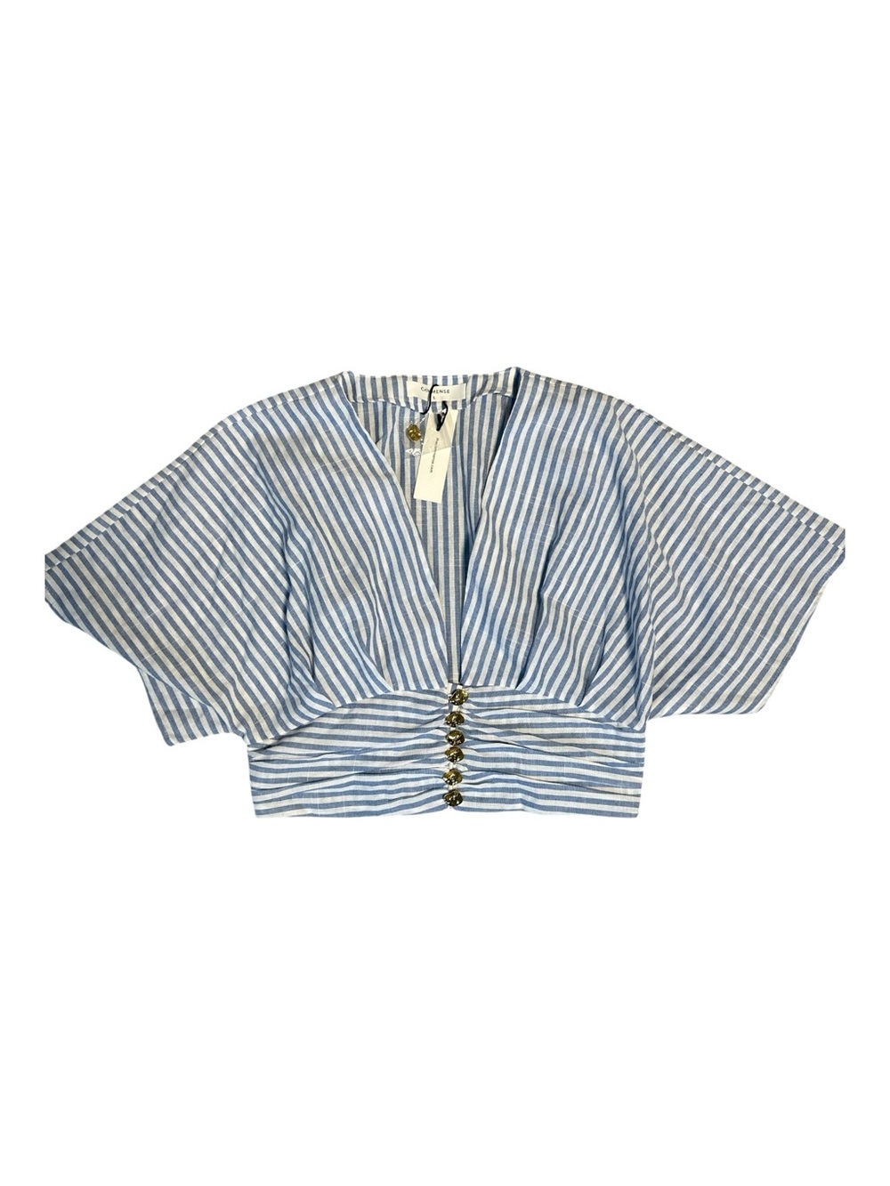 Commense Cropped Ruched Blouse Gold Buttons Blue & White Striped Size Large